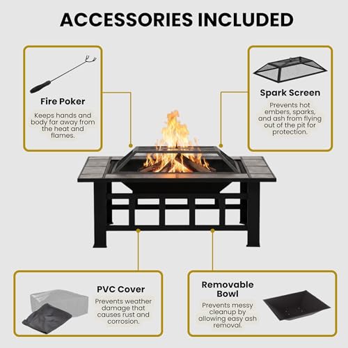 Fire Pit Set, Wood Burning Pit -Includes Screen, Cover and Log Poker- Great for Outdoor and Patio, 37” Marble Tile Rectangular Firepit by Pure Garden by Pure Garden - Image 4