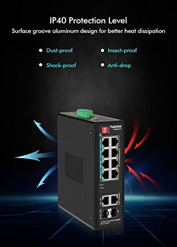 Yuanley 8-Port Industrial Gigabit Poe Din-Rail Switch, 8 X Gigabit Poe+ Ports, 2 X 1000M Sfp, 2 X 1000M Uplink Ports, Ieee802.3Af/At 240W, Unmanaged, 24 Gbps Switching Capacity, Ip40 #TOP4