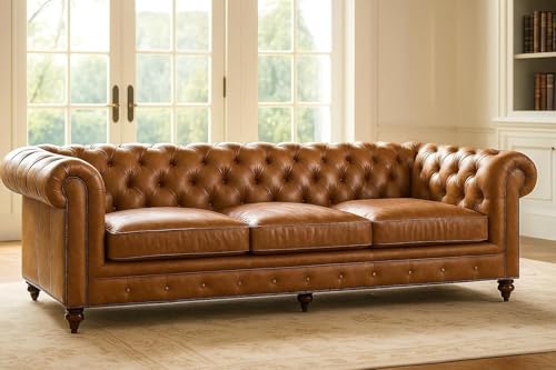 Image of Classic Leatherette Chester Sofa Set Button Tufted, Classic Style Sofa Set 3-Person Sofa for Living Room, Office, and Hallway Colour (Brown Leatherette, 3+1+1= 5 Seater Sofa)