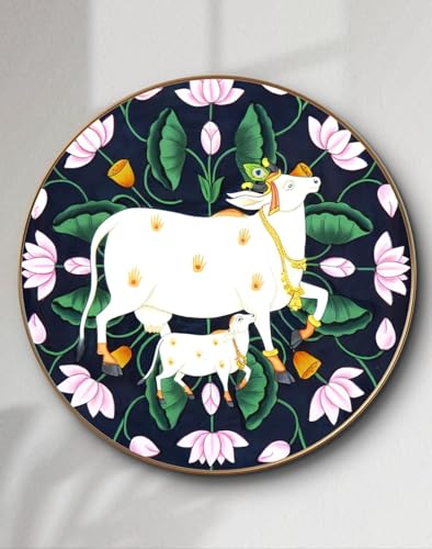 Image of SAF Large Round Pichwai Cow Wall Painting with golden frame Vinyl Sparkle laminated||Home decor Painting,Living Room, Bedroom,Office Room Decor - Painting for Wall Decoration GRL-07A