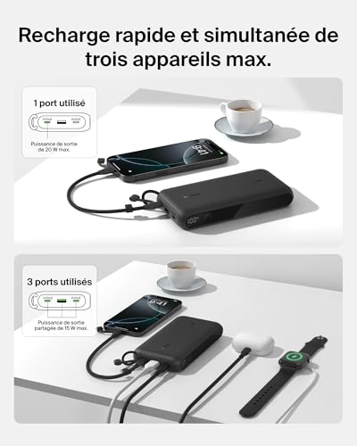 Belkin Batterie Externe USB-C 20 000 mAh, Power Bank avec 2 Ports Type C et 1 Port USB-A (écran numérique, 20 W, pour Tous Les modèles de l'iPhone 16, Samsung Galaxy S25, Pixel 9, iPad, etc., Noir)