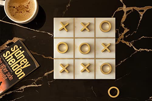 Image of MARBLEOUS Marble Tic Tac Toe Game, Marble Brass Game (with 5 Solid Brass X's O's), Marble Board Game, Board Game for Kids, Marble Game, Coffee Table Decor