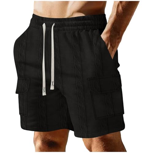 Image of Men's Cargo Shorts Casual Elastic Waist Drawstring Textured Lightweight Summer Comfy Beach Shorts Multi Pockets