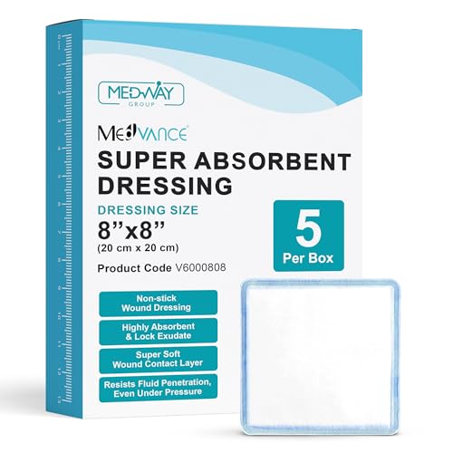 MedVance Super Absorbent Dressing Dressing Pads for Wound Care for Pressure Ulcers and 1st/2nd Degree Burns Superior Moisture Absorbency Bandages Box of 5 dressings (8x8)