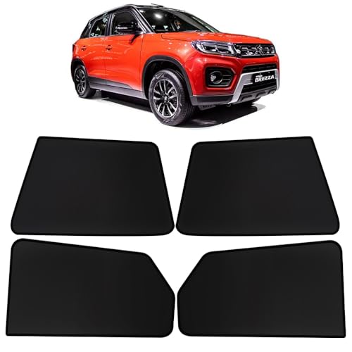 Image of OTO2EYE Car Sun Shade Compatible for Maruti Suzuki Vitara Brezza Model 2020 to 2022, Z-Black Fix Type Side Window Curtains, Only Half Cut in Front Window, 4 Pieces Set