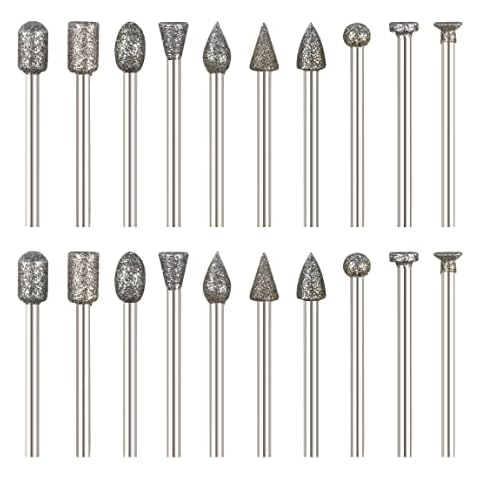 CBRIGHT Diamant-Fräsbohrer, 20 Stück, verschiedene Formen, diamantbeschichteter Schleifkopf mit 0,3 cm Schaft, Drehwerkzeug, Zubehör, passend für die meisten Drehwerkzeuge Cover