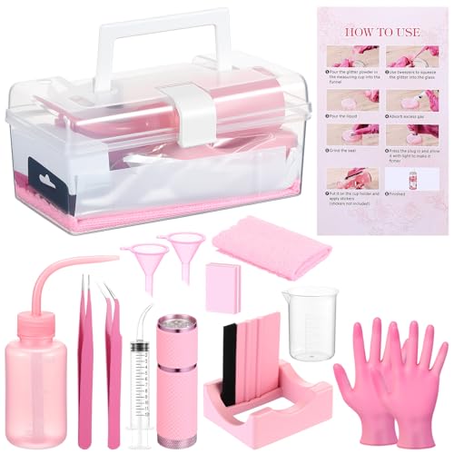 LemonRoad 15 Pcs Snow Globe DIY Tumbler Tool Kit Include Storage Box Plastic Squeeze Bottle Funnel Tweezer Silicone Cup Cradle Measuring Cup Flashlight Buffer for Beginner Making Supplies (Pink)