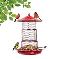 QZLOHOM Three-Tier Metal Hanging Bird Feeder Durable and Sturdy, red Finish Large Capacity with Perch Mesh Design Features Drainage Holes (Red)