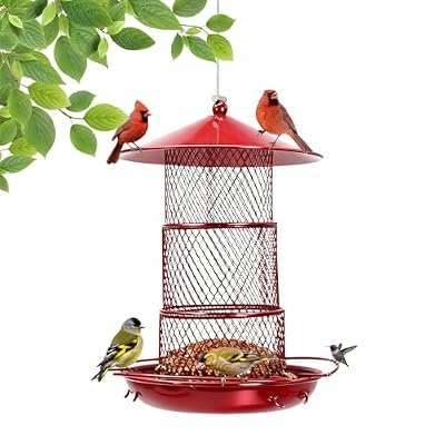 QZLOHOM Three-Tier Metal Hanging Bird Feeder Durable and Sturdy, red Finish Large Capacity with Perch Mesh Design Features Drainage Holes (Red)