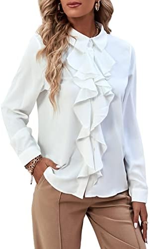 LYANER Women's Collar Neck Button Down Ruffle Front Long Sleeve B...