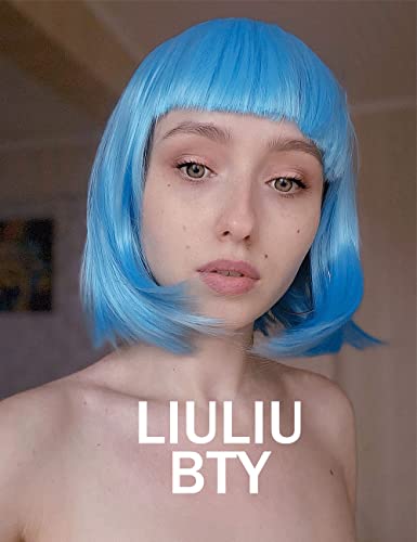 Image of LIULIUBTY Short Bob Hair Wigs Straight with Flat Bangs Synthetic Colorful Cosplay Daily Party Neon Wig for Women + Free Wig Cap 15 inch Natural As Real