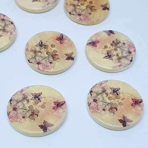 MajorCrafts® 16pcs 30mm Pink Flower and Butterfly Pattern 4 Holes Round Wood Large Sewing Buttons Needlework Arts and Crafts Embellishments