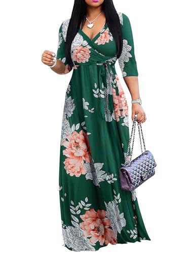 Women's 2025 Casual Fashion Dress Maxi Dress Summer Long Maxi Floral Printing Sexy V-Neck 3/4 Sleevel Dresses with Belt