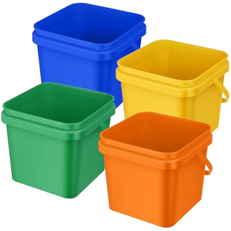 Mifoci 4 Pcs Plastic Bucket 5 Quart Square Cleaning Bucket Utility Small Pail with Handle for House Cleaning Storage Livestock Feeding Car Washing (Yellow,Blue,Green,Orange)