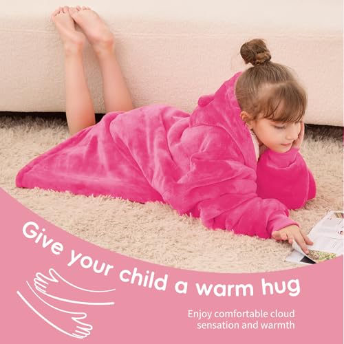 yescool Wearable Blanket Kids Hoodie, Birthday Teen Girls Gifts for 8-15 Year Old Kids Oversized Sweatshirt Sherpa Flannel Cozy Hooded Blanket with Pocket for Children, Youth Teens, One Size, Peach