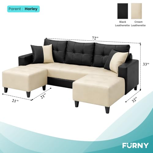 Image of SLEEPIFY Harlon Leatherette Fabric 3 Seater Sofa Set with 2 Ottoman (Cream - Black) | Comfortable & Spacious Seating | Modern Sofa Set for Living Room | Soft Touch Upholstery