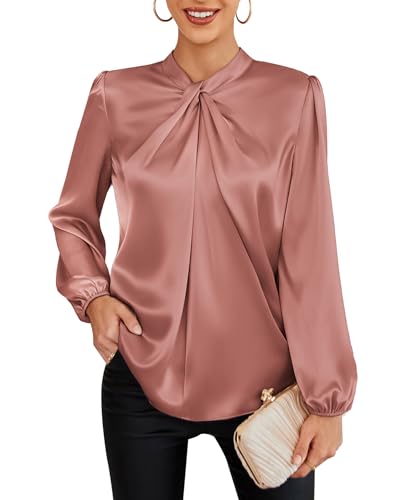 Twist Front Blouse for Women Lantern Long Sleeve Top Solid Color Elegant Shirt Mock Neck Tops Light Pink