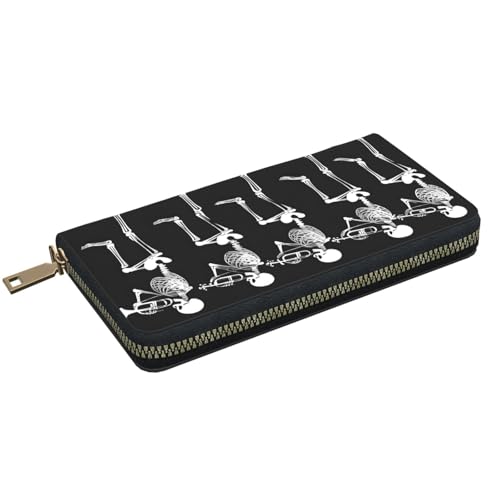 Leather Wallet for Women Ladies Novelty Printed Around Zipper Long Wallet Phone Purse Credit Card Holder, Halloween Posable Skeleton Skull2