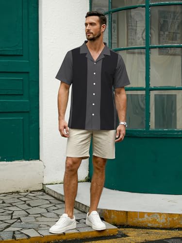 Hardaddy Camisa masculina com gola de acampamento retrô vintage boliche com bolso casual manga curta