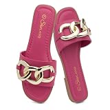 Shoe Land Flat Sandals for Women, Dressy Slides with Metal Chain, Square Open Toe Single Band, Cushioned Footbed Summer Sandals, Fuchsia, Size 7.5, Emma