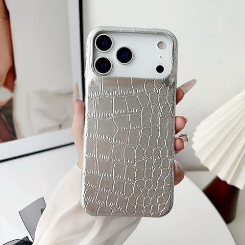 Coque antichoc brillante en relief crocodile argenté compatible iPhone 16 et 17 Pro Max
