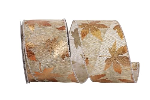 Reliant Ribbon 93937W-750-40F Metallic Raised Leaf Natural Wired Edge Ribbon, 2-1/2 Inch X 10 Yards, Natural