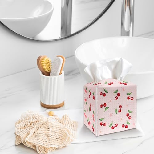 Tissue Box Cover Holder - Pink Polka Dot PU Leather Tissue Box Cover with Bottom Belt, Cherries and Blossom Square Facial Paper Dispenser for Tabletop, Bathroom, Kitchen, Car & Office -037 by ZEDEV - Used condition - Image 3