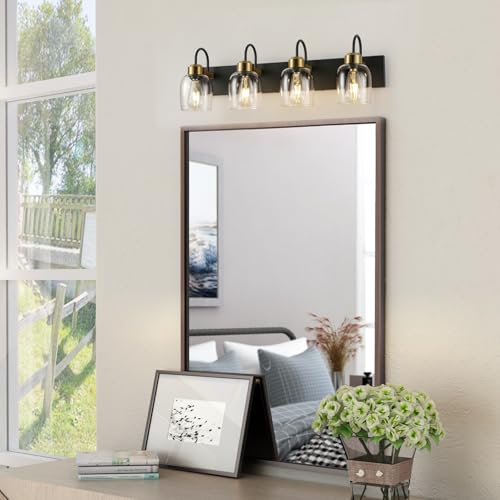 Black and Gold Glass Bathroom Vanity Light, 4-Lights Farmhouse Bathroom Vanity Lighting Fixtures Over Mirror, Vintage Rusitc Vanity Light Fixutres with Clear Glass Shade, 30 inch Wall Wall Sconces by TAKEGO - Used condition - Image 5