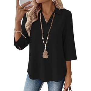 LOMON Womens 3/4 Sleeve Tops V Neck Cotton Linen Work Blouse Polo Shirts for Women Business Casual 2026 Black Medium
