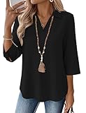 LOMON Business Casual Tops for Women Black Collared 3/4 Sleeve Women's Spring Tops V Neck T Shirt Plus Size Summer Outfits for Women XXL