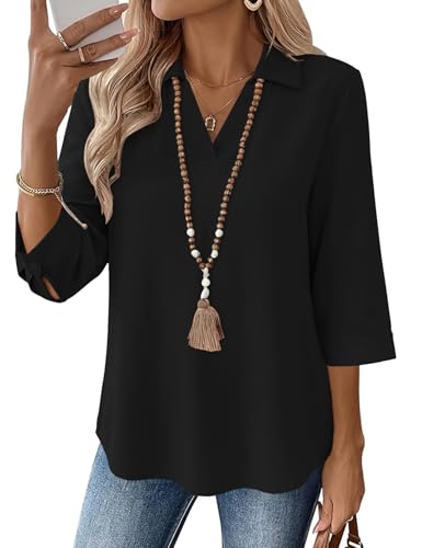 LOMON Business Casual Tops for Women Black Collared 3/4 Sleeve Women's Spring Tops V Neck T Shirt Plus Size Summer Outfits for Women XXL