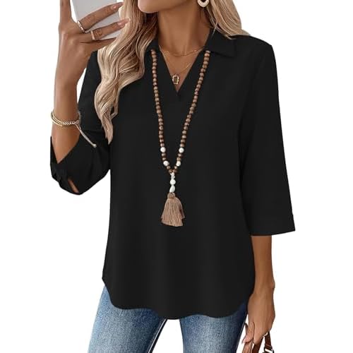 LOMON Womens 3/4 Sleeve Tops V Neck Cotton Linen Work Blouse Polo Shirts for Women Business Casual 2026 Black XX-Large