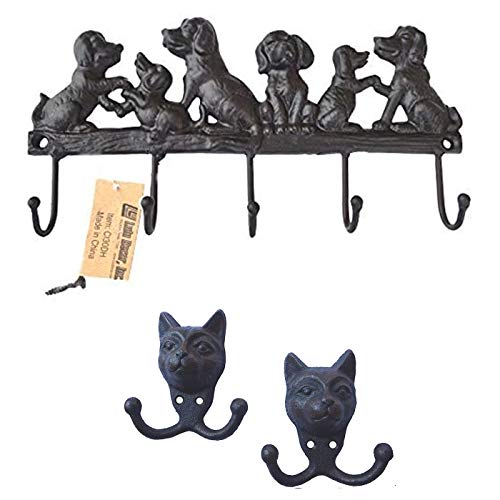 Lulu Decor, Cast Iron 5 Dog Key Hooks and 2 Cat Face Dual Hooks, Ideal for Dog & Cat Lovers (Antique Black)