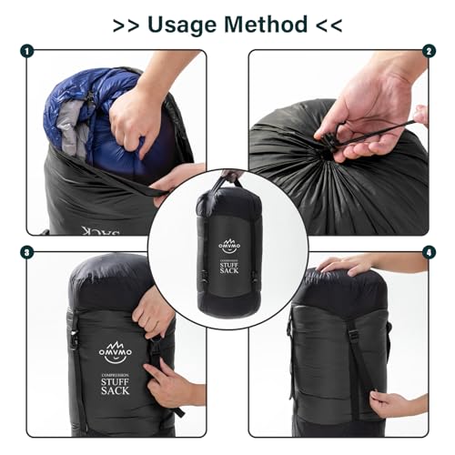 OMVMO Sleeping Bag Stuff Sack, 11L/18L/30L/45L/52L Water-Resistant Compression Sack,Anti-Tear Ultra Light Nylon Storage Bag,Black/Yellow/Orange/Dark Blue/Dark Green/Sky Blue (Black, S/12L)