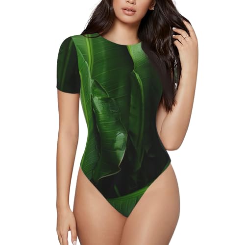 Tamiger Fresh Banana Leaves Print Adult Romper Short Sleeve Onesie Bodysuit Casual Female Comfortable Outfit Jumpsuit