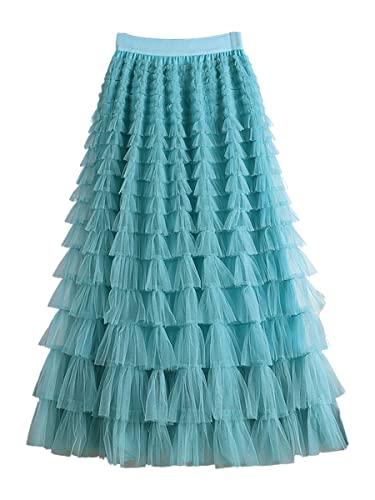 Womens Fairy A-line High Elastic Waist Layered Mesh Tulle Midi Skirt