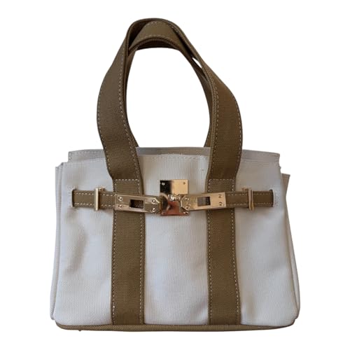 Canvas Mini Tote Bag, 8 Pockets, Distressed Finish, Durable, Gold Hardware (Beige-Cream)