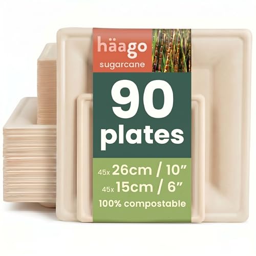 HAAGO 90 Strong Compostable Sugarcane Plates, 45 × 26 cm Square Dinner & 45 × 15 cm Dessert – Heavy Duty, Grease- & Leak-Proof Paper Plates – Biodegradable & Disposable for Parties, BBQ, Catering