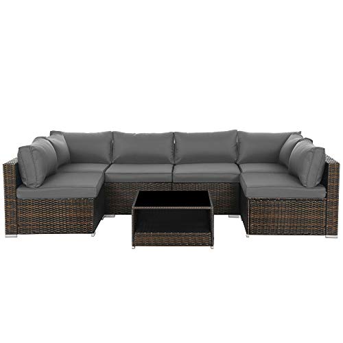 SONGMICS 7-Piece Patio Furniture Set, Outdoor Sectional Sofa Couch, Handwoven PE Wicker Rattan Patio Conversation Set, with Cushions and Glass Table, Brown and Gray UGGF007G01