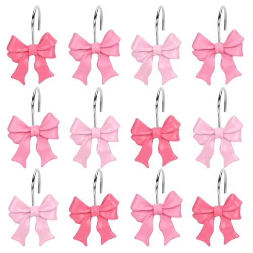 Whaline - Whaline Lot de 12 crochets décoratifs en résine pour rideau de douche en forme de nœud rose coquette pour chambre d'enfant, salon, chambre à coucher, salle de bain