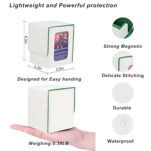 Image of AFIING MTG Deck Box for Commander Display,Card Deck Box Fits 100 Double Sleeved Cards, Magic Commander TCG Card Storage Box with 2 Dividers,Dice Bag and 1 Toploader(Whtie Green)