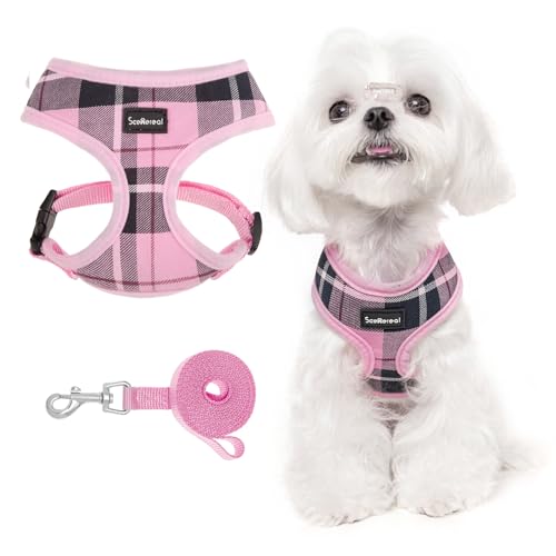 SCENEREAL Puppy Dog Harness with Leash Set for Small Medium Sized Dogs, Soft Mesh Pet Harnesses and Leash, No Chock Plaid Adjustable No Pull Vest for Dogs Cats, Chihuahua,Bulldog (Pink XS) by SCENEREAL - Used condition - US$10.71