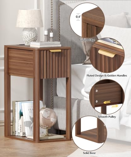 Image of Akxomel Narrow Nightstand Set 2 with Charging Station Fluted Table Walnut