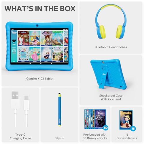 Contixo K102 10\" Kids Tablet Bundle - Wireless Kids Headphones, 32GB, 80+ Disney eBooks ($350 Value), Parental Controls, Dual Cameras, Shockproof Case with Kickstand & Stylus, Ages 3-7 - Blue
