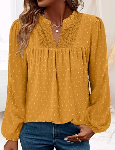 BETTE BOUTIK Women Boho Long Sleeve Shirts Dressy Casual V Neck Fall Fashion Tops Swiss Dot Flowy Blouses
