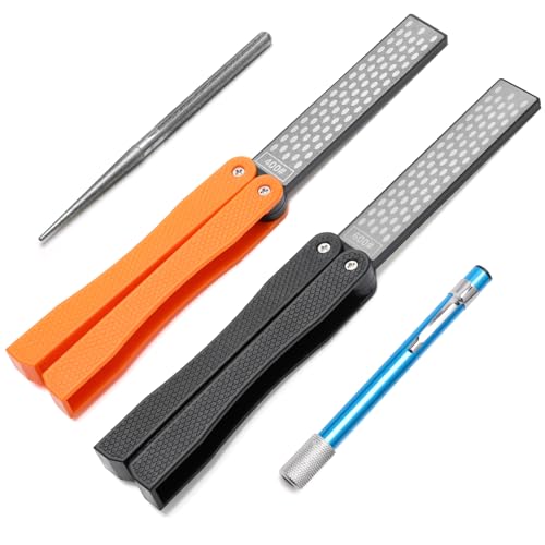Windspeed 3Pack Garden Tool Sharpener Set, 2P Double-Sided Diamond Sharpener/ 1P Retractable Diamond Sharpening Rod, Pocket Sharpening Rod for Gardening Pruner