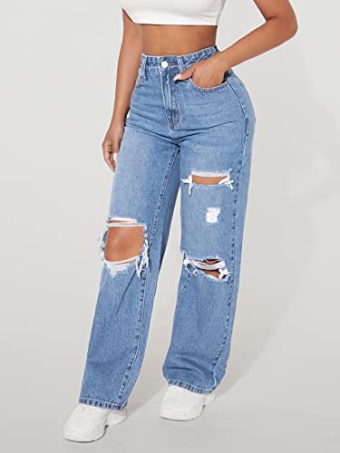 Image of Solid High Waist Ripped Straight Leg Pant & Trouser for Women's & Girl's