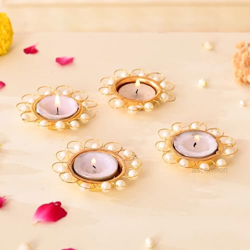 Image of Ascension Tealight Candle Holder Set of 4 Pearl Decorative Metal Diyas Tea Light Candles Holder Diya for Diwali Decor for Home Navratri Temple Festive Gift for Diwali Weddings & Housewarming