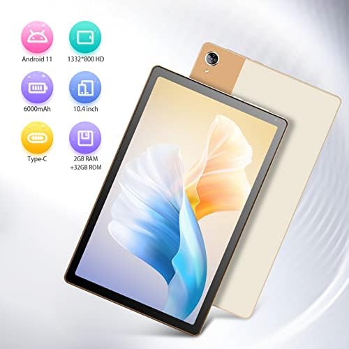 HiGrace Tablet 10.4 inch, Android 11 Tablet with Quad-core Processor, 2GB RAM 32GB ROM, 1332 * 800 HD IPS, 6000mAh, Bluetooth, Type C, Wifi Tablet PC (Gold)
