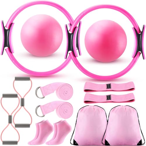 Poen 14 Pcs Pilates Equipment Kit for Home Workout Pilates Ring and Ball Set for Women 12'' Circle Yoga Fitness Essentials Kit with Resistance Bands, Yoga Strap, Socks,Bag (Pink) by Poen - Used condition - US$10.29